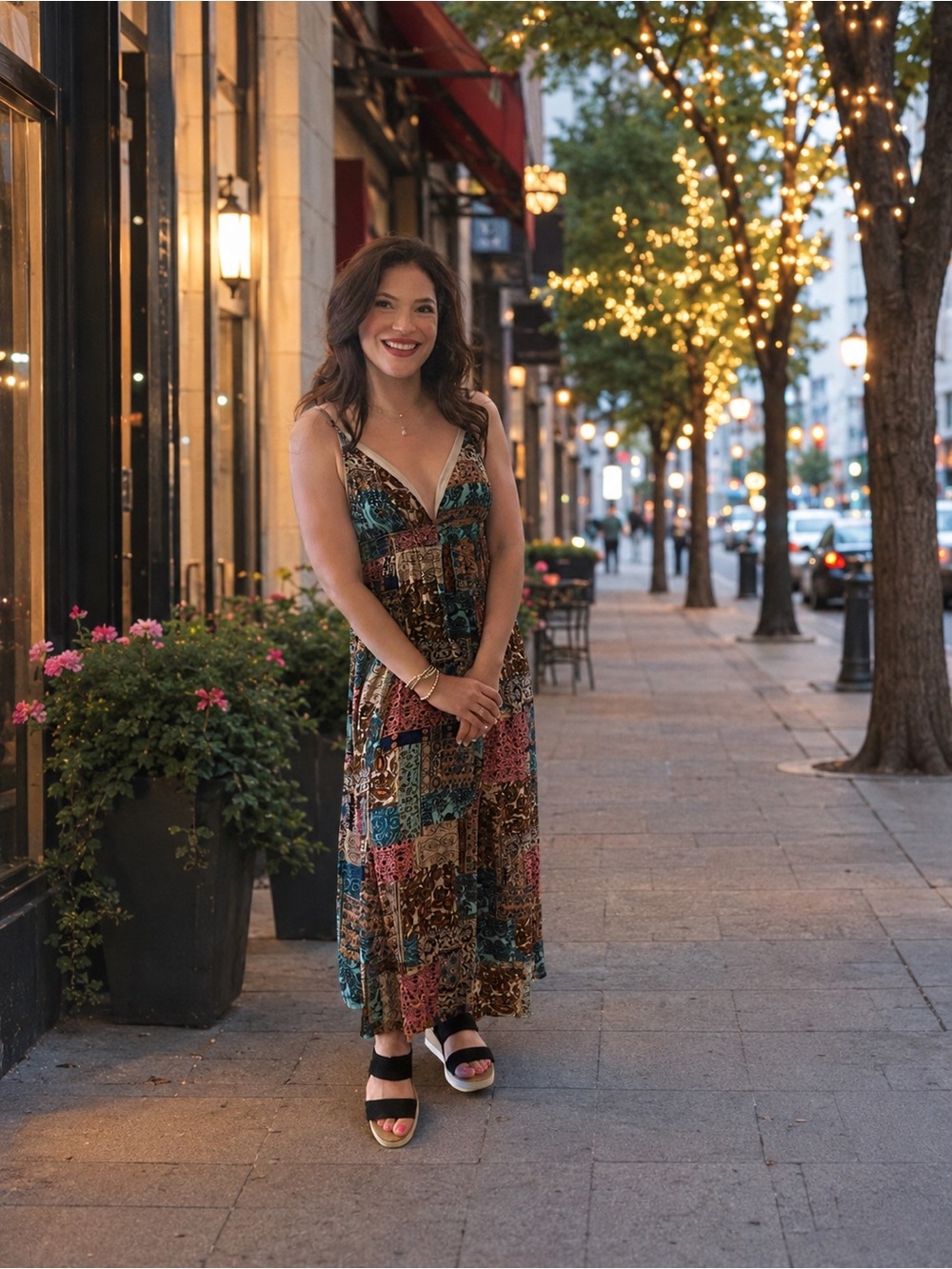Impressions V-Neck Patchwork Maxi Dress in Teal, Pink & Brown